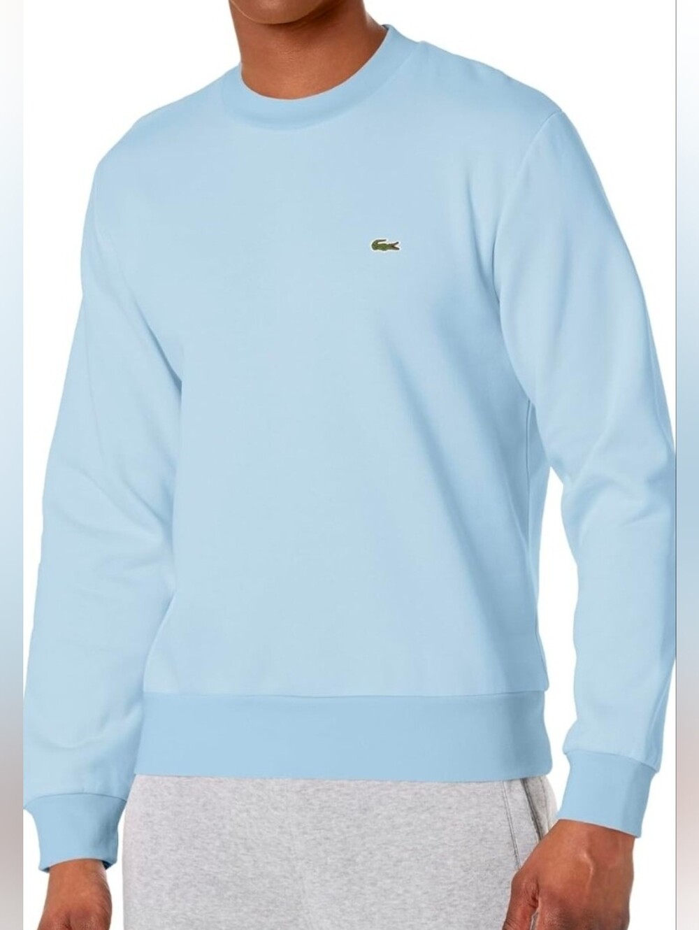 Lacoste Men's Pastel Blue Crewneck Sweatshirt with Green Crocodile Logo